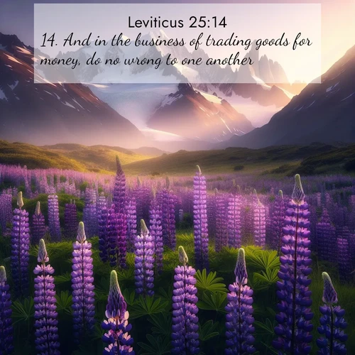 BasicEnglish Leviticus  ; image nature: image with the bible verse :And in the business of trading goods for money, do no wrong to one another. ; Discover beautiful Bible verse images that combine inspiring scripture with captivating nature photos. Download high-quality images featuring lush valleys, peaceful streams, and endless horizons like KJV Leviticus 25:14. Current verse is overlayed with the thematic nature scene : Wild lupines paint mountain meadows purple. Snow lingers on distant peaks. ; 25:14