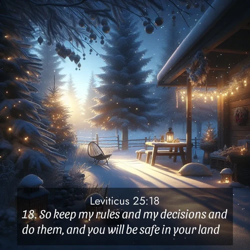 BasicEnglish Leviticus  ; image nature: image with the bible verse :So keep my rules and my decisions and do them, and you will be safe in your land. ; Explore a stunning collection of Bible verse images featuring picturesque scenery like sun-drenched meadows, tranquil lakes, and majestic forests. All images are free to download and share. Verses include KJV Leviticus 25:18. Current verse is overlayed with the thematic nature scene : Winter silence falls with evening snow. ; 25:18