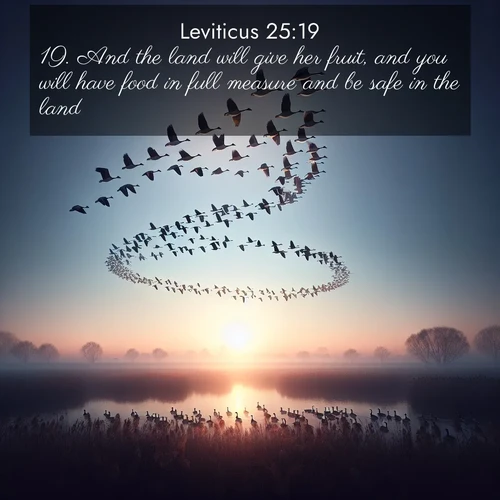 BasicEnglish Leviticus  ; image nature: image with the bible verse :And the land will give her fruit, and you will have food in full measure and be safe in the land. ; Admire Bible verse images capturing the beauty of beaches, with turquoise waters, palm trees, and peaceful shores. These soothing scenes reflect God&#039;s serenity and majesty. Download and share verses like KJV Leviticus 25:19. Current verse is overlayed with the thematic nature scene : Wild geese arrow through dawn sky. Their calls wake sleeping marshes. ; 25:19