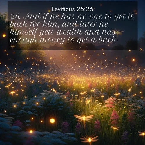 BasicEnglish Leviticus  ; image nature: image with the bible verse :And if he has no one to get it back for him, and later he himself gets wealth and has enough money to get it back; ; Admire Bible verse images featuring tranquil rivers, golden fields, and starry heavens. These free-to-download images make inspiring wallpapers or thoughtful gifts. Download KJV Leviticus 25:26 now. Current verse is overlayed with the thematic nature scene : Fireflies dance above a spring meadow filled with singing crickets. ; 25:26