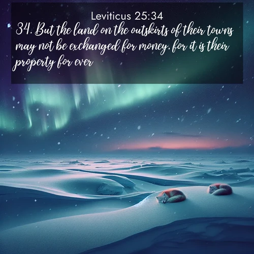 BasicEnglish Leviticus  ; image nature: image with the bible verse :But the land on the outskirts of their towns may not be exchanged for money, for it is their property for ever. ; Admire Bible verse images illustrated by desert scenes, such as sunsets over dunes, majestic rocks, and solitary cacti. These images capture the majesty of God in arid places. Download and share verses like KJV Leviticus 25:34. Current verse is overlayed with the thematic nature scene : Northern lights dance across the frozen tundra in ribbons of green and purple. Snow falls silently on sleeping arctic foxes. ; 25:34
