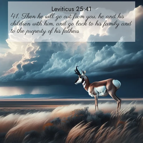 BasicEnglish Leviticus  ; image nature: image with the bible verse :Then he will go out from you, he and his children with him, and go back to his family and to the property of his fathers. ; Download high-resolution Bible verse images showcasing the beauty of God&#039;s creation—from radiant sunsets to tranquil rivers. Free for use as wallpapers or sharing verses like KJV Leviticus 25:41. Current verse is overlayed with the thematic nature scene : A pronghorn pauses on wind-swept plains. Storm clouds build dark towers above. ; 25:41