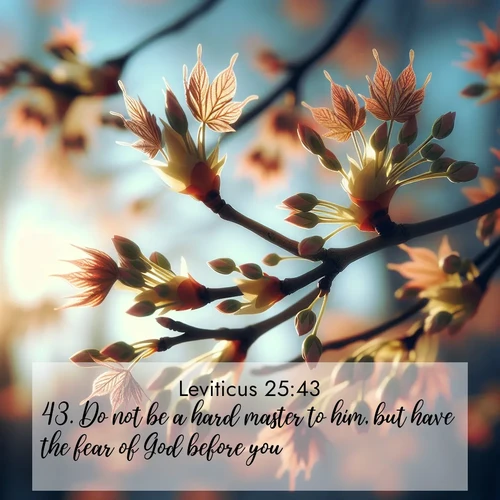 BasicEnglish Leviticus  ; image nature: image with the bible verse :Do not be a hard master to him, but have the fear of God before you. ; Dive into our collection of Bible verses paired with breathtaking desert landscapes, featuring infinite dunes, shaded oases, and desert sunsets. These images highlight the majestic grandeur of God&#039;s creation. Download and share verses like KJV Leviticus 25:43. Current verse is overlayed with the thematic nature scene : Spring buds burst open on maple branches against a blue sky. ; 25:43