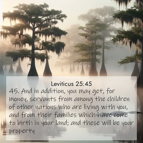 BasicEnglish Leviticus  ; image nature: image with the bible verse :And in addition, you may get, for money, servants from among the children of other nations who are living with you, and from their families which have come to birth in your land; and these will be your property. ; Download inspiring Bible verse images featuring stunning natural vistas, from tropical islands to rolling hills. These free images make perfect wallpapers or gifts. Share verses like KJV Leviticus 25:45. Current verse is overlayed with the thematic nature scene : Morning fog clings to gnarled cypress trees in the swamp. An alligator glides silently through the dark water. ; 25:45