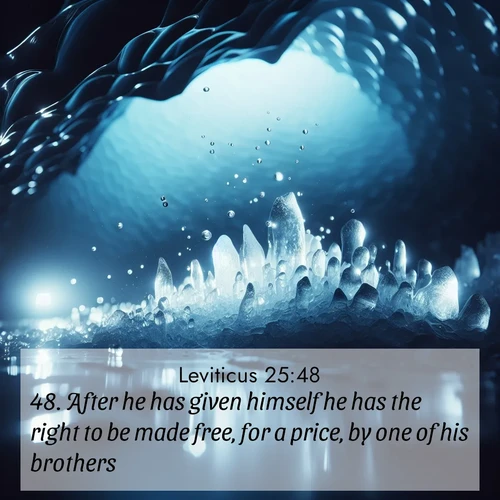 BasicEnglish Leviticus  ; image nature: image with the bible verse :After he has given himself he has the right to be made free, for a price, by one of his brothers, ; Discover our curated gallery of Bible verse images with breathtaking scenery, from tranquil deserts to lush green pastures. Perfect for phone wallpapers or sharing online. Download verses like KJV Leviticus 25:48. Current verse is overlayed with the thematic nature scene : Ice caves glow with ethereal blue light. Water drops create crystalline music. ; 25:48
