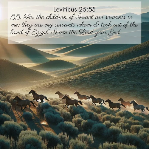 BasicEnglish Leviticus  ; image nature: image with the bible verse :For the children of Israel are servants to me; they are my servants whom I took out of the land of Egypt: I am the Lord your God. ; Dive into a gallery of Bible verses illustrated by tropical beach scenes, featuring sparkling waves, seashells, and radiant sunrises. These images evoke divine peace and joy. Download and share inspiring verses like KJV Leviticus 25:55. Current verse is overlayed with the thematic nature scene : Wild mustangs gallop across sage-covered hills in the morning light. ; 25:55