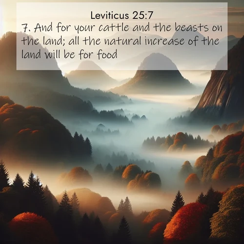 BasicEnglish Leviticus  ; image nature: image with the bible verse :And for your cattle and the beasts on the land; all the natural increase of the land will be for food. ; Admire our free collection of Bible verse images with beautiful landscapes like sunlit forests, rippling waters, and radiant dawns. Each verse, such as KJV Leviticus 25:7, is ready to download and share. Current verse is overlayed with the thematic nature scene : Autumn fog rolls through valleys between ancient rounded mountains. ; 25:7