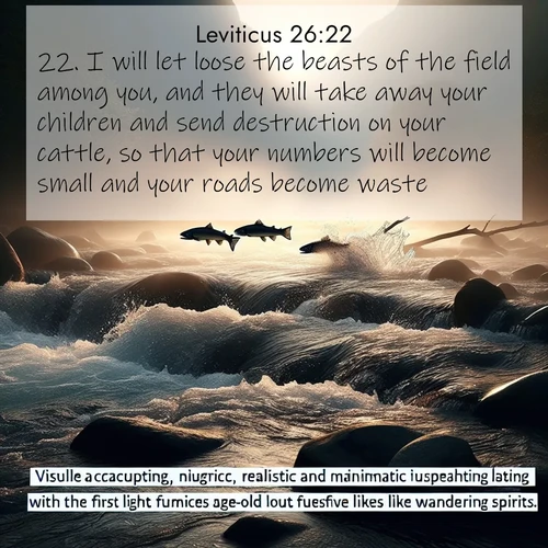 BBE Leviticus 26:22 overlaying nature image scene: Wild salmon leap ancient rapids. Mist rises like spirits at dawn.;22. I will let loose the beasts of the field among you, and they will take away your children and send destruction on your cattle, so that your numbers will become small and your roads become waste.