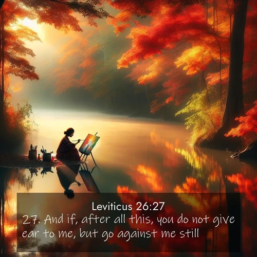 BBE Leviticus 26:27 overlaying nature image scene: An artist paints beside still waters. Autumn colors double in reflection.;27. And if, after all this, you do not give ear to me, but go against me still,