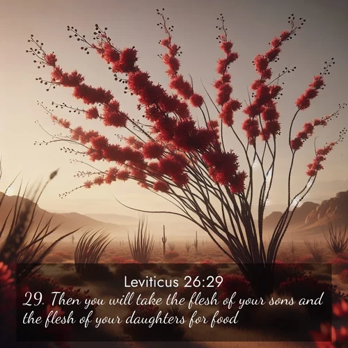 BBE Leviticus 26:29 overlaying nature image scene: Desert ocotillo flames crimson red. Wind sings through thorny branches.;29. Then you will take the flesh of your sons and the flesh of your daughters for food;
