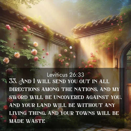 BBE Leviticus 26:33 overlaying nature image scene: Wild roses climb abandoned walls. Time stands still in secret gardens.;33. And I will send you out in all directions among the nations, and my sword will be uncovered against you, and your land will be without any living thing, and your towns will be made waste.