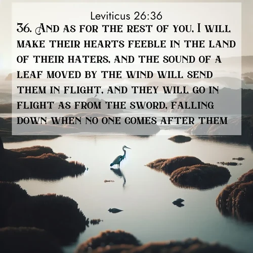 BBE Leviticus 26:36 overlaying nature image scene: A great blue heron fishes in tidal pools. Waves crash on distant reefs.;36. And as for the rest of you, I will make their hearts feeble in the land of their haters, and the sound of a leaf moved by the wind will send them in flight, and they will go in flight as from the sword, falling down when no one comes after them;