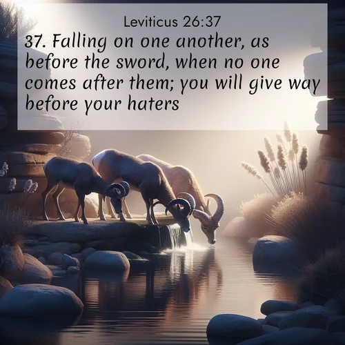 BBE Leviticus 26:37 overlaying nature image scene: Desert bighorns drink from hidden springs. Time flows like water through stone.;37. Falling on one another, as before the sword, when no one comes after them; you will give way before your haters.
