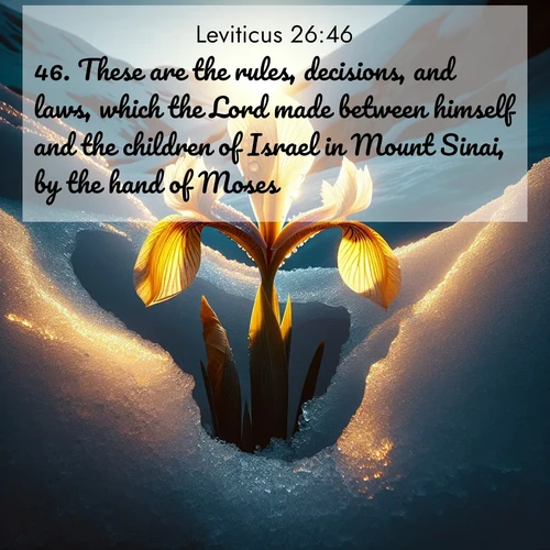 BBE Leviticus 26:46 overlaying nature image scene: Wild iris breaks through melting snow. Alpine light ignites its petals.;46. These are the rules, decisions, and laws, which the Lord made between himself and the children of Israel in Mount Sinai, by the hand of Moses.