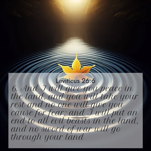 BBE Leviticus 26:6 overlaying nature image scene: A single maple leaf floats on black water. Concentric ripples spread outward into infinity.;6. And I will give you peace in the land, and you will take your rest and no one will give you cause for fear; and I will put an end to all evil beasts in the land, and no sword of war will go through your land.