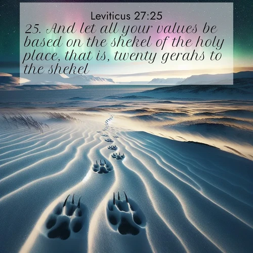 BBE Leviticus 27:25 overlaying nature image scene: Arctic fox tracks cross windswept tundra. Northern lights pulse overhead in cosmic rhythm.;25. And let all your values be based on the shekel of the holy place, that is, twenty gerahs to the shekel.