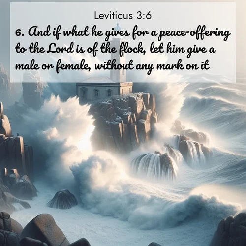 BBE Leviticus 3:6 overlaying nature image scene: Winter storms send massive waves crashing against lighthouse rocks.;6. And if what he gives for a peace-offering to the Lord is of the flock, let him give a male or female, without any mark on it.