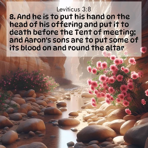 BBE Leviticus 3:8 overlaying nature image scene: Desert roses bloom in a hidden canyon after rare rainfall. Their pink petals contrast against weathered sandstone walls.;8. And he is to put his hand on the head of his offering and put it to death before the Tent of meeting; and Aaron's sons are to put some of its blood on and round the altar.