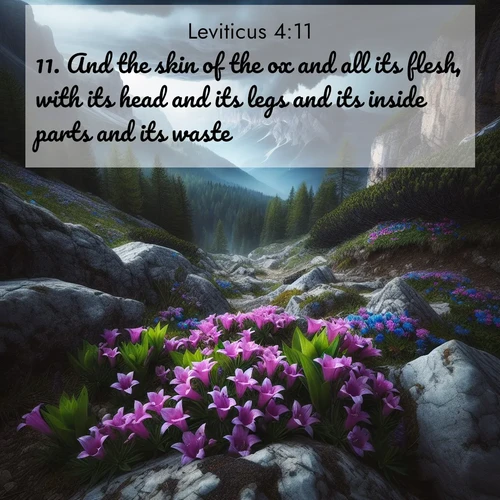 BBE Leviticus 4:11 overlaying nature image scene: Alpine gentians bloom in rocky crevices. Summer storms gather above treeline.;11. And the skin of the ox and all its flesh, with its head and its legs and its inside parts and its waste,