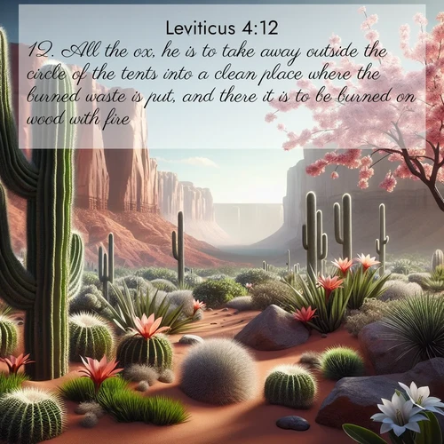 BBE Leviticus 4:12 overlaying nature image scene: Desert cacti burst with spring blooms against red sandstone formations.;12. All the ox, he is to take away outside the circle of the tents into a clean place where the burned waste is put, and there it is to be burned on wood with fire.