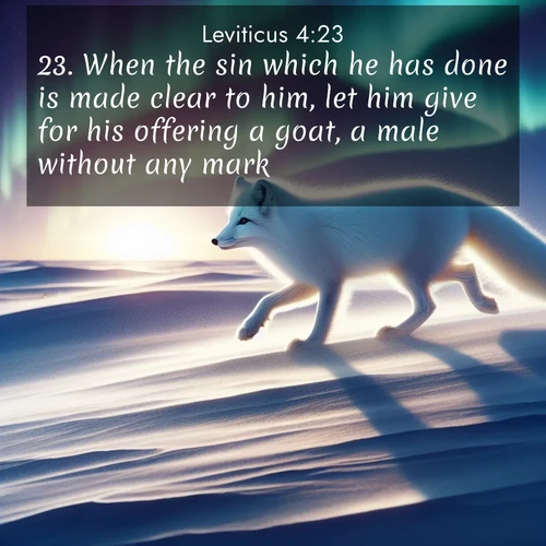 BasicEnglish Leviticus  ; image nature: image with the bible verse :When the sin which he has done is made clear to him, let him give for his offering a goat, a male without any mark. ; Browse our selection of stunning Bible verse images featuring unique natural scenes like fiery autumn forests, serene meadows, and starlit skies. Download and share verses like KJV Leviticus 4:23 for free. Current verse is overlayed with the thematic nature scene : An arctic fox hunts across windswept tundra. Northern lights paint its white coat in pastels. ; 4:23