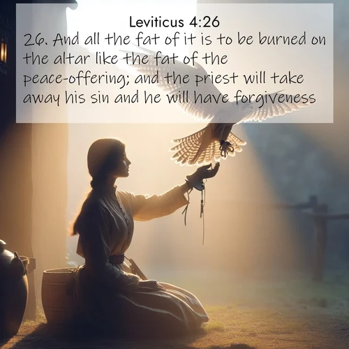 BBE Leviticus 4:26 overlaying nature image scene: A falconer releases his bird. Wind lifts magnificent wings.;26. And all the fat of it is to be burned on the altar like the fat of the peace-offering; and the priest will take away his sin and he will have forgiveness.