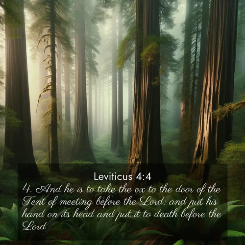 BasicEnglish Leviticus  ; image nature: image with the bible verse :And he is to take the ox to the door of the Tent of meeting before the Lord; and put his hand on its head and put it to death before the Lord. ; Download stunning Bible verse images paired with nature scenes like rolling clouds, sparkling waters, and vibrant flower fields. These free images are perfect for spiritual reflection or wallpaper use. Share KJV Leviticus 4:4. Current verse is overlayed with the thematic nature scene : Coastal redwoods disappear into the fog high above a fern grove. ; 4:4