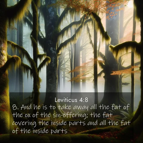 BasicEnglish Leviticus  ; image nature: image with the bible verse :And he is to take away all the fat of the ox of the sin-offering; the fat covering the inside parts and all the fat of the inside parts, ; Browse our selection of stunning Bible verse images featuring unique natural scenes like fiery autumn forests, serene meadows, and starlit skies. Download and share verses like KJV Leviticus 4:8 for free. Current verse is overlayed with the thematic nature scene : Autumn fog shrouds an old-growth forest draped in moss and lichen. ; 4:8