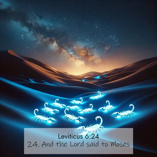 BBE Leviticus 6:24 overlaying nature image scene: Desert scorpions glow under black light. Stars wheel in infinite darkness.;24. And the Lord said to Moses,