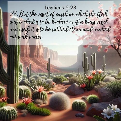 BBE Leviticus 6:28 overlaying nature image scene: Desert cacti burst with spring blooms against red sandstone formations.;28. But the vessel of earth in which the flesh was cooked is to be broken; or if a brass vessel was used, it is to be rubbed clean and washed out with water.

