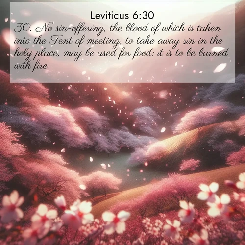 BBE Leviticus 6:30 overlaying nature image scene: Cherry blossoms blanket the hillside in soft pink snow, swirling through the air like nature's confetti.;30. No sin-offering, the blood of which is taken into the Tent of meeting, to take away sin in the holy place, may be used for food: it is to be burned with fire.