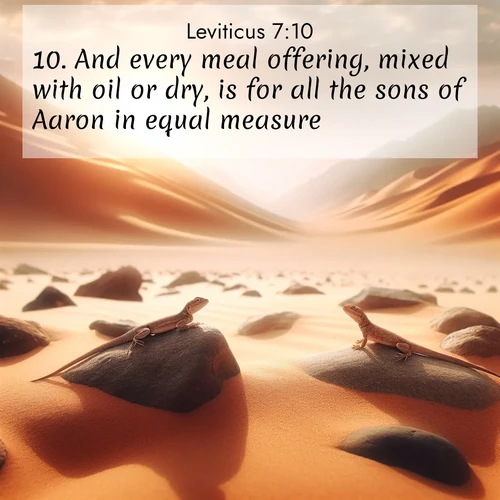 BasicEnglish Leviticus  ; image nature: image with the bible verse :And every meal offering, mixed with oil or dry, is for all the sons of Aaron in equal measure. ; Browse our collection of Bible verses paired with captivating photos of God’s creation, like crystal-clear lakes, majestic cliffs, and colorful skies. All images are free for download and sharing. Verse examples include KJV Leviticus 7:10. Current verse is overlayed with the thematic nature scene : Desert lizards bask on sun-hot rocks. Heat mirages dance like water. ; 7:10