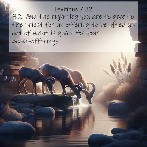 BasicEnglish Leviticus  ; image nature: image with the bible verse :And the right leg you are to give to the priest for an offering to be lifted up out of what is given for your peace-offerings. ; Explore our vast collection of images featuring beautifully illustrated Bible verses accompanied by nature photos. Discover inspiring and motivating verses paired with soothing landscapes, like shimmering lakes, majestic mountains, and lush forests. Our images highlight the peaceful beauty of God&#039;s creation with vibrant colors and varied fonts. Download and share verse images like KJV Leviticus 7:32. Current verse is overlayed with the thematic nature scene : Desert bighorns drink from hidden springs. Time flows like water through stone. ; 7:32