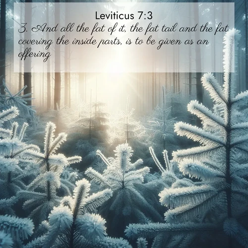 BasicEnglish Leviticus  ; image nature: image with the bible verse :And all the fat of it, the fat tail and the fat covering the inside parts, is to be given as an offering. ; Discover our unique collection of Bible verse images integrated with photos showcasing the majesty of nature, such as rocky mountains, ancient trees, and crystal-clear lakes. These images feature luminous colors and text in varied fonts, reflecting the harmony of God&#039;s creation. Download verses like KJV Leviticus 7:3. Current verse is overlayed with the thematic nature scene : Morning frost rimes every pine needle. Weak winter sun struggles to pierce the forest. ; 7:3