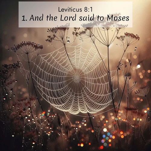BasicEnglish Leviticus  ; image nature: image with the bible verse :And the Lord said to Moses, ; Discover Bible images illustrated by desert landscapes, like sand dunes, majestic rocks, and starry skies. These images symbolize the grandeur and immensity of God&#039;s creation. Download verses like KJV Leviticus 8:1. Current verse is overlayed with the thematic nature scene : Morning fog reveals spider galaxies. Dew drops capture rainbow light. ; 8:1