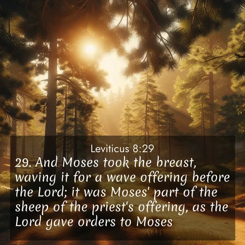 BasicEnglish Leviticus  ; image nature: image with the bible verse :And Moses took the breast, waving it for a wave offering before the Lord; it was Moses&#039; part of the sheep of the priest&#039;s offering, as the Lord gave orders to Moses. ; Explore an inspiring selection of Bible verse images adorned with nature photos, such as starry skies, verdant hills, and golden beaches. Each image reflects the peace and beauty of God&#039;s creation with vibrant colors and varied fonts. Share uplifting verses like KJV Leviticus 8:29. Current verse is overlayed with the thematic nature scene : Summer heat brings out the scent of pine needles. ; 8:29
