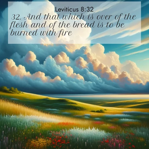 BasicEnglish Leviticus  ; image nature: image with the bible verse :And that which is over of the flesh and of the bread is to be burned with fire. ; Admire Bible verse images featuring tranquil rivers, golden fields, and starry heavens. These free-to-download images make inspiring wallpapers or thoughtful gifts. Download KJV Leviticus 8:32 now. Current verse is overlayed with the thematic nature scene : Summer thunderheads build over grasslands dotted with wildflowers. ; 8:32