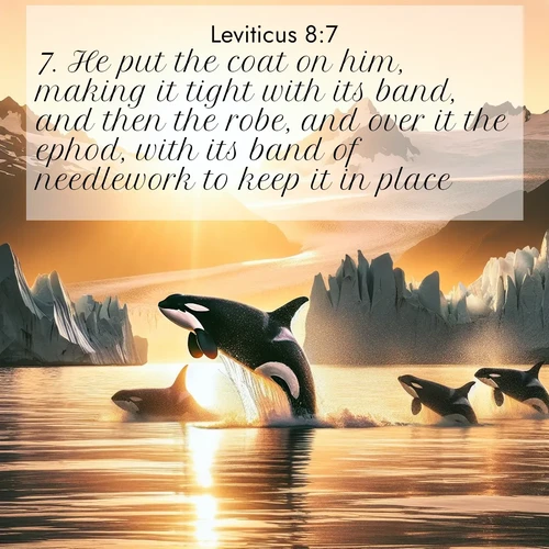 BasicEnglish Leviticus  ; image nature: image with the bible verse :He put the coat on him, making it tight with its band, and then the robe, and over it the ephod, with its band of needlework to keep it in place. ; Browse our collection of vibrant Bible verse images set against calming backdrops like tropical shores, quiet woods, and majestic mountains. Download free wallpapers featuring KJV Leviticus 8:7. Current verse is overlayed with the thematic nature scene : Wild orcas breach in sunset-painted waters. Their splashes echo off glacier walls. ; 8:7