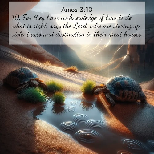 BBE Amos 3:10 overlaying nature image scene: Desert tortoises emerge after summer rains. Thunder echoes through hidden canyons.;10. For they have no knowledge of how to do what is right, says the Lord, who are storing up violent acts and destruction in their great houses.