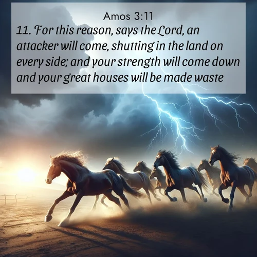 BBE Amos 3:11 overlaying nature image scene: Wild horses race approaching storms. Lightning illuminates their power.;11. For this reason, says the Lord, an attacker will come, shutting in the land on every side; and your strength will come down and your great houses will be made waste.