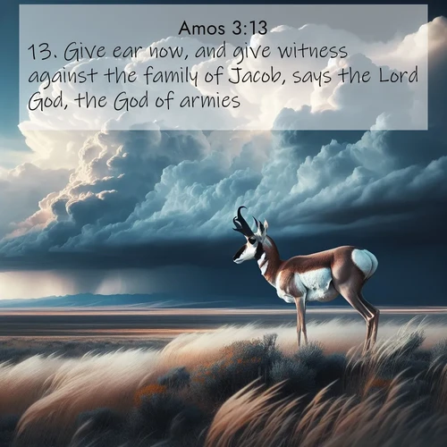 BBE Amos 3:13 overlaying nature image scene: A pronghorn pauses on wind-swept plains. Storm clouds build dark towers above.;13. Give ear now, and give witness against the family of Jacob, says the Lord God, the God of armies;