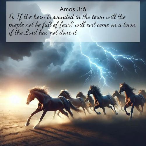 BBE Amos 3:6 overlaying nature image scene: Wild horses race approaching storms. Lightning illuminates their power.;6. If the horn is sounded in the town will the people not be full of fear? will evil come on a town if the Lord has not done it?