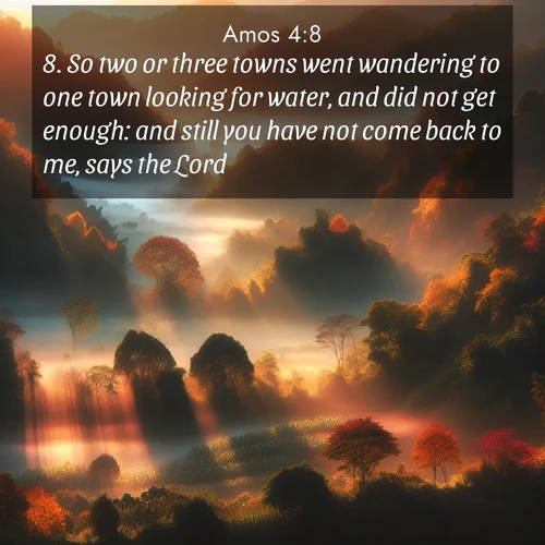 BBE Amos 4:8 overlaying nature image scene: Autumn mist rises from warming morning valleys.;8. So two or three towns went wandering to one town looking for water, and did not get enough: and still you have not come back to me, says the Lord.