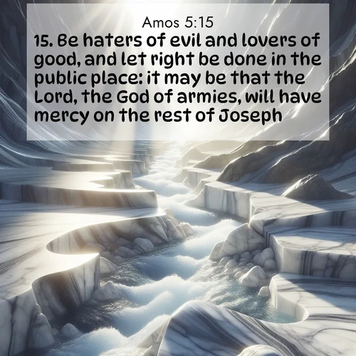 BasicEnglish Amos  ; image nature: image with the bible verse :Be haters of evil and lovers of good, and let right be done in the public place: it may be that the Lord, the God of armies, will have mercy on the rest of Joseph. ; Discover Bible images adorned with spring landscapes, like tulip fields, cherry blossoms, and green hills. These bright scenes symbolize God&#039;s renewal and grace. Download verses like KJV Amos 5:15. Current verse is overlayed with the thematic nature scene : Mountain streams carve marble smooth. Sunlight dances on clear pools. ; 5:15