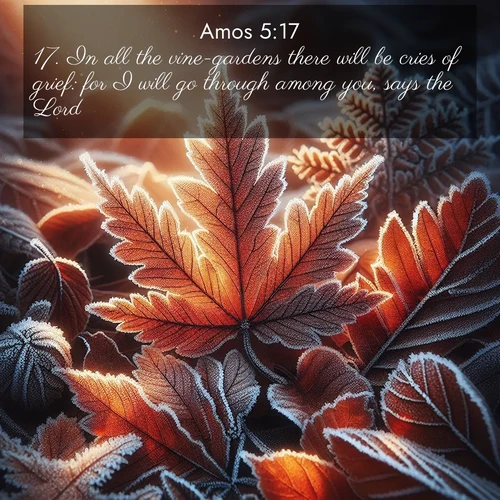 BasicEnglish Amos  ; image nature: image with the bible verse :In all the vine-gardens there will be cries of grief: for I will go through among you, says the Lord. ; Download stunning Bible verse images paired with nature scenes like rolling clouds, sparkling waters, and vibrant flower fields. These free images are perfect for spiritual reflection or wallpaper use. Share KJV Amos 5:17. Current verse is overlayed with the thematic nature scene : Autumn frost rims fallen leaves with crystal. ; 5:17