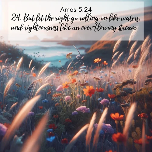 BasicEnglish Amos  ; image nature: image with the bible verse :But let the right go rolling on like waters, and righteousness like an ever-flowing stream. ; Admire Bible verse images illustrated by summer photos, such as sunny beaches, sparkling waves, and swaying palm trees. These bright scenes highlight the joy and warmth of God&#039;s creation. Download and share verses like KJV Amos 5:24. Current verse is overlayed with the thematic nature scene : Summer wildflowers wave in the breeze on coastal bluffs. ; 5:24