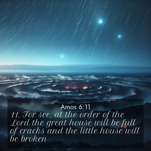 BasicEnglish Amos  ; image nature: image with the bible verse :For see, at the order of the Lord the great house will be full of cracks and the little house will be broken. ; Explore a stunning collection of Bible verse images featuring picturesque scenery like sun-drenched meadows, tranquil lakes, and majestic forests. All images are free to download and share. Verses include KJV Amos 6:11. Current verse is overlayed with the thematic nature scene : Volcanic steam rises through a field of black lava. Stars wheel overhead in the thin air. ; 6:11