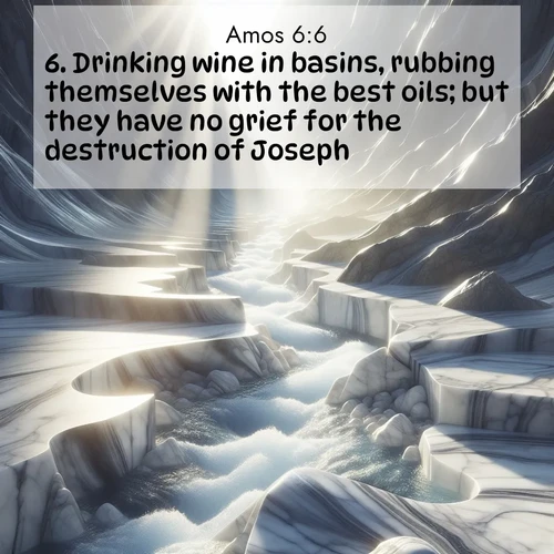 BasicEnglish Amos  ; image nature: image with the bible verse :Drinking wine in basins, rubbing themselves with the best oils; but they have no grief for the destruction of Joseph. ; Discover a unique collection of Bible verses adorned with winter landscapes, such as snow-covered forests, gently falling snowflakes, and pristine mountains. These images evoke the peace and purity of God&#039;s creation. Share verses like KJV Amos 6:6. Current verse is overlayed with the thematic nature scene : Mountain streams carve marble smooth. Sunlight dances on clear pools. ; 6:6