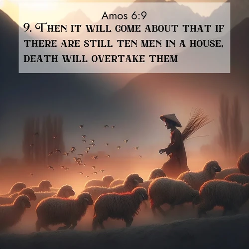 BasicEnglish Amos  ; image nature: image with the bible verse :Then it will come about that if there are still ten men in a house, death will overtake them. ; Discover Bible images adorned with spring landscapes, like tulip fields, cherry blossoms, and green hills. These bright scenes symbolize God&#039;s renewal and grace. Download verses like KJV Amos 6:9. Current verse is overlayed with the thematic nature scene : A shepherd guides his flock home. Sunset paints wool golden red. ; 6:9