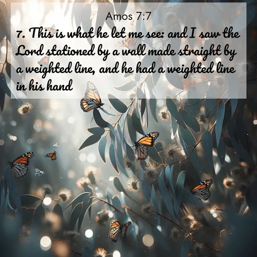 BasicEnglish Amos  ; image nature: image with the bible verse :This is what he let me see: and I saw the Lord stationed by a wall made straight by a weighted line, and he had a weighted line in his hand. ; Explore a gallery of beautiful Bible verse images with tranquil natural settings—perfect for phone backgrounds or inspirational posts. Download your favorite verses like KJV Amos 7:7 today. Current verse is overlayed with the thematic nature scene : Monarch butterflies cluster on eucalyptus branches in winter sun. ; 7:7